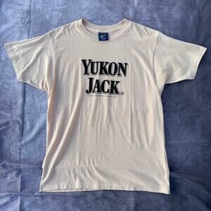 Vintage 80's Yukon Jack 100 Proof Canadian Whiskey Tan Brown Shirt Sz Medium VTG